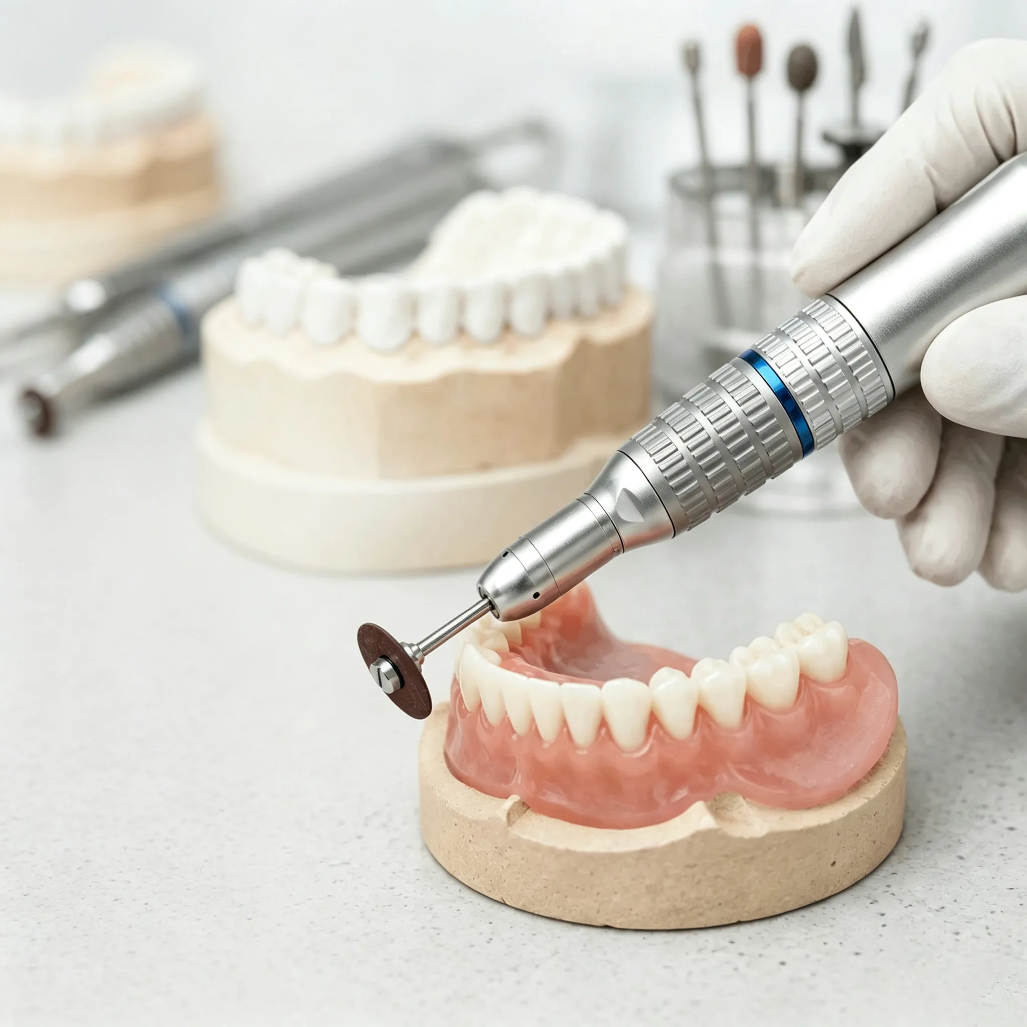 Straight dental handpiece used for precise extraoral adjustments and acrylic denture trimming on a study model.