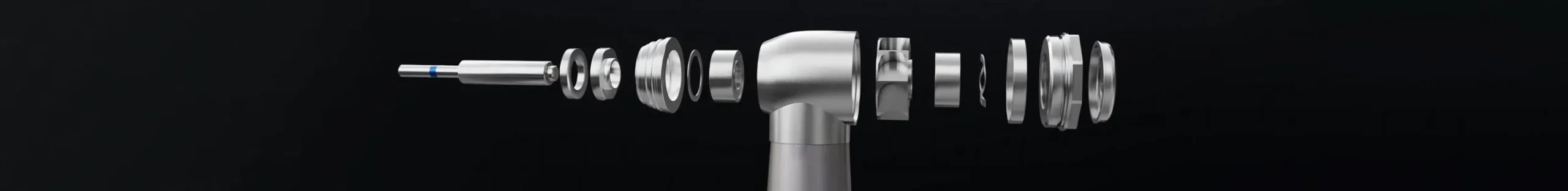 amexors-high-speed-dental-handpiece-exploded-view 3D exploded view showing the internal anatomy of a high-speed dental handpiece, including the precision turbine cartridge and ceramic bearings.